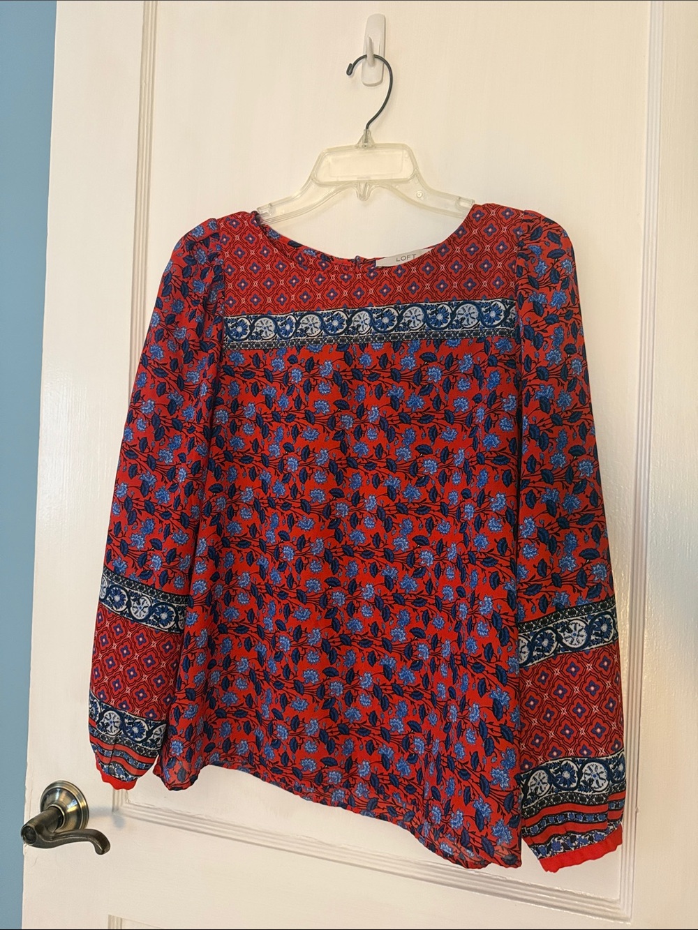 LOFT Red and Blue Floral Long-Sleeve Blouse